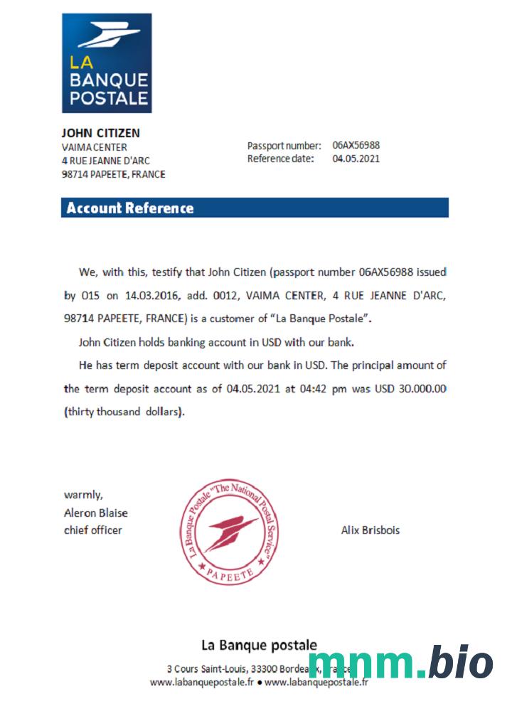 Przykład odniesienia France La Banque Postale w formatach Word i PDF